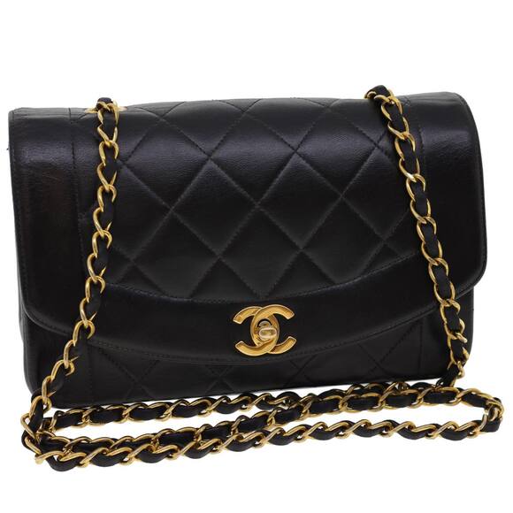 CHANEL Chain Turn Lock Diana Matelasse Shoulder Bag Lamb Skin Black - Picture 1 of 16